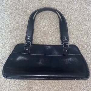 VTG Kate Spade Black Leather Wide Shoulder Silver Hardware Striped Interior Bag